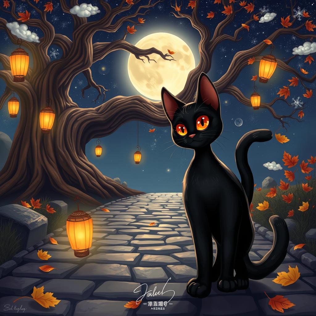 An imaginative illustration inspired by the fable of the black cat, centered on its unique characteristics and cultural significance