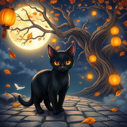 An imaginative illustration inspired by the fable of the black cat, centered on its unique characteristics and cultural significance