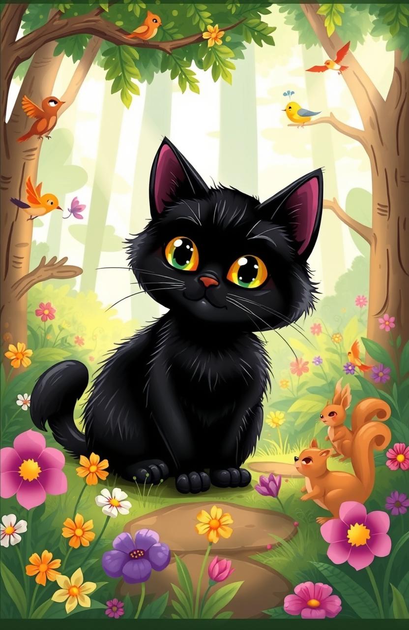A beautifully illustrated fable about a black cat, featuring a whimsical and enchanting forest backdrop