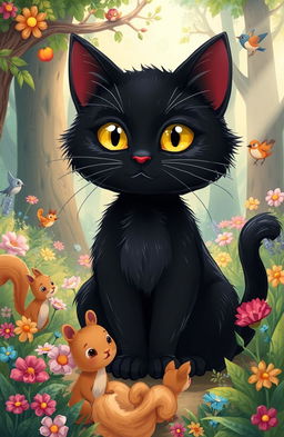 A beautifully illustrated fable about a black cat, featuring a whimsical and enchanting forest backdrop