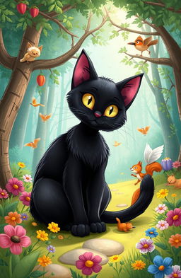 A beautifully illustrated fable about a black cat, featuring a whimsical and enchanting forest backdrop