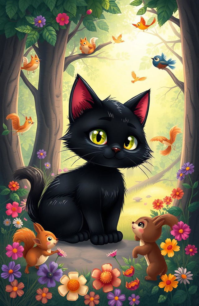 A beautifully illustrated fable about a black cat, featuring a whimsical and enchanting forest backdrop