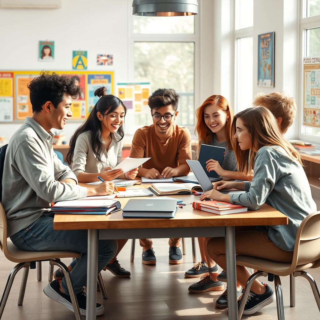 An imaginative and engaging depiction of students working together on an English project