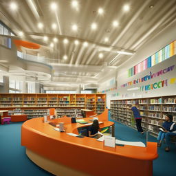 An energized school library scene bustling with activity. Students engrossed in reading and circulating, colorful lights creating a warm atmosphere, and a welcoming receptionist assisting from behind a special appointed desk.