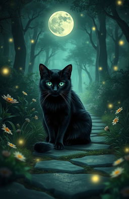 A mystical black cat sitting elegantly on a moonlit path, surrounded by lush greenery and enchanting flowers