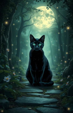 A mystical black cat sitting elegantly on a moonlit path, surrounded by lush greenery and enchanting flowers