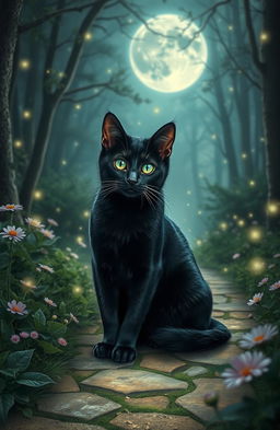 A mystical black cat sitting elegantly on a moonlit path, surrounded by lush greenery and enchanting flowers