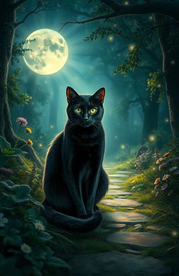 A mystical black cat sitting elegantly on a moonlit path, surrounded by lush greenery and enchanting flowers