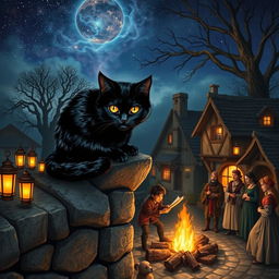 A captivating scene depicting a black cat as the central character in a folklore story