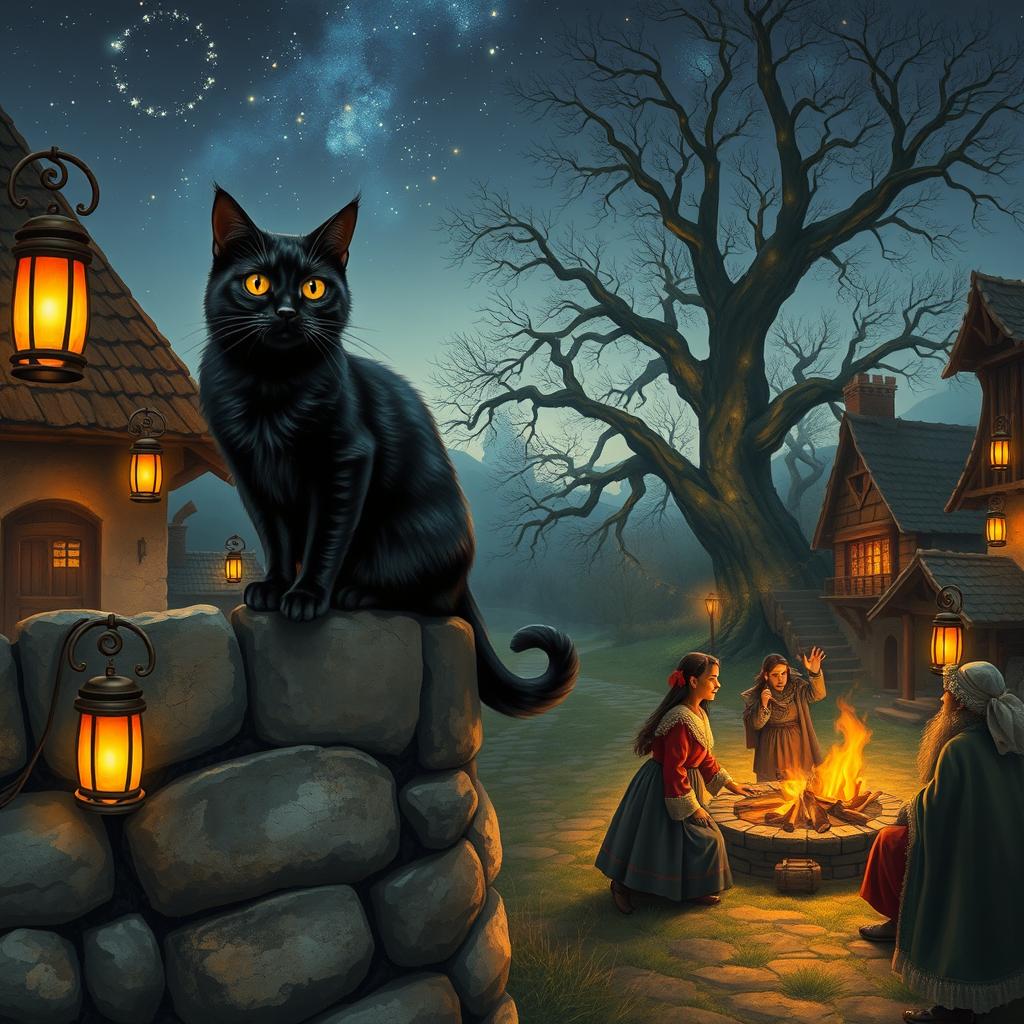 A captivating scene depicting a black cat as the central character in a folklore story