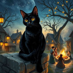 A captivating scene depicting a black cat as the central character in a folklore story