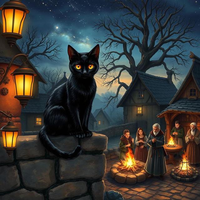 A captivating scene depicting a black cat as the central character in a folklore story