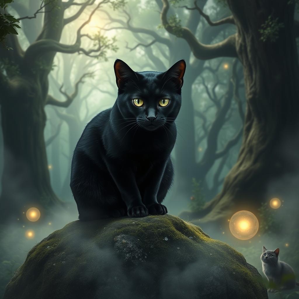 A dark and enchanting black cat in a mystical forest environment, surrounded by soft glowing lights and ethereal mist