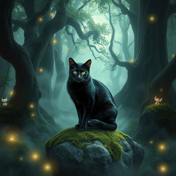 A dark and enchanting black cat in a mystical forest environment, surrounded by soft glowing lights and ethereal mist