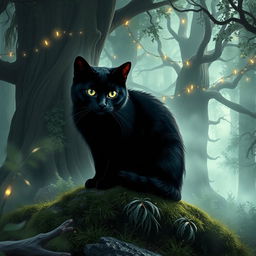 A dark and enchanting black cat in a mystical forest environment, surrounded by soft glowing lights and ethereal mist