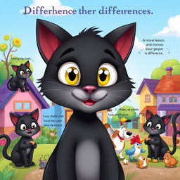 A colorful and whimsical cartoon illustration of a black cat with large, expressive eyes, showcasing a variety of emotions
