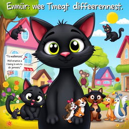 A colorful and whimsical cartoon illustration of a black cat with large, expressive eyes, showcasing a variety of emotions