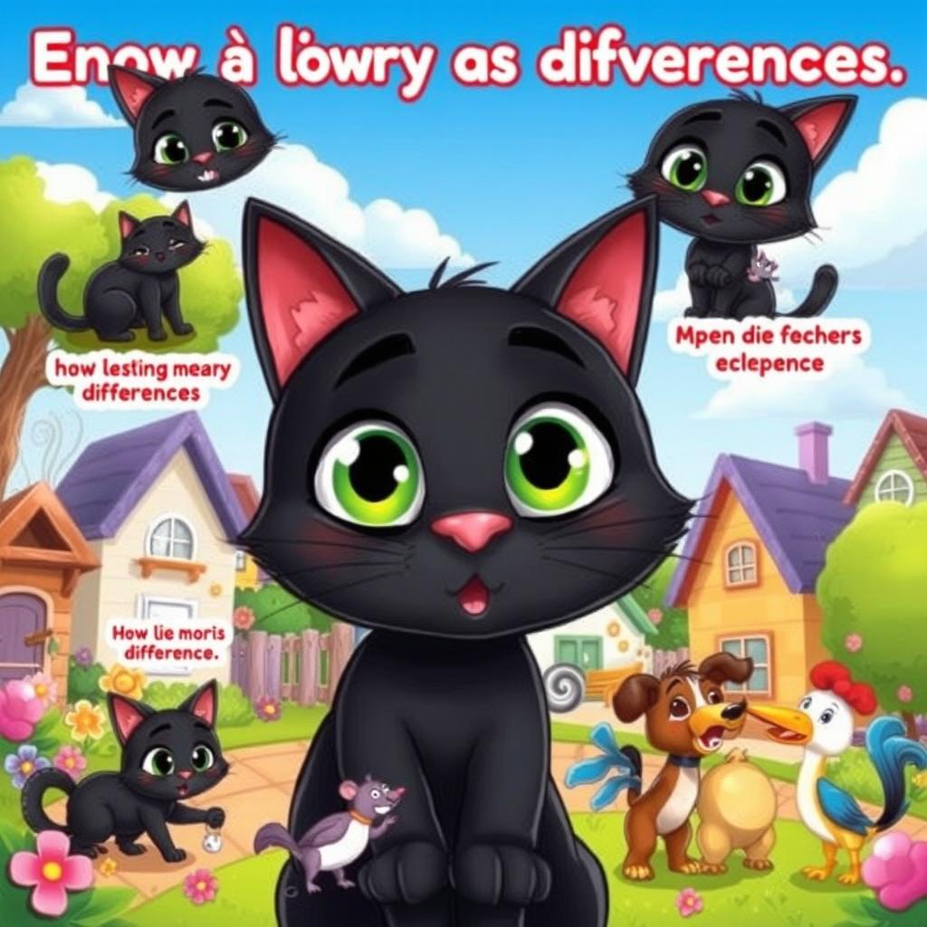 A colorful and whimsical cartoon illustration of a black cat with large, expressive eyes, showcasing a variety of emotions