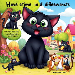 A colorful and whimsical cartoon illustration of a black cat with large, expressive eyes, showcasing a variety of emotions