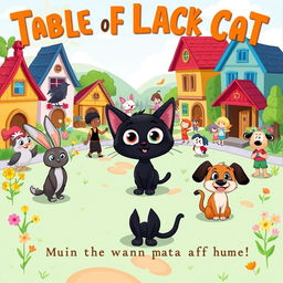 A vibrant and engaging cartoon scene illustrating the fable of the black cat, emphasizing themes of diversity and acceptance