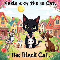 A vibrant and engaging cartoon scene illustrating the fable of the black cat, emphasizing themes of diversity and acceptance
