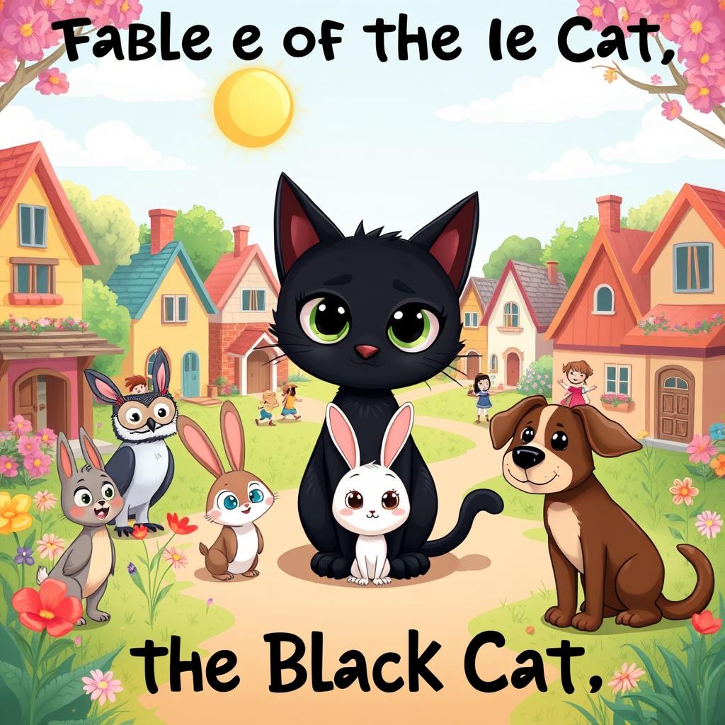 A vibrant and engaging cartoon scene illustrating the fable of the black cat, emphasizing themes of diversity and acceptance