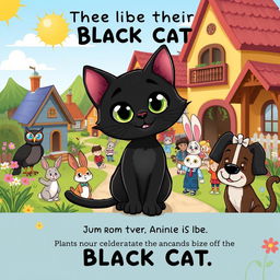 A vibrant and engaging cartoon scene illustrating the fable of the black cat, emphasizing themes of diversity and acceptance