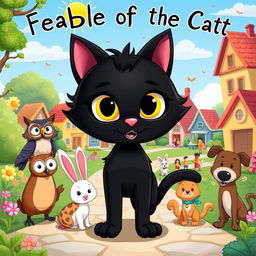 A vibrant and engaging cartoon scene illustrating the fable of the black cat, emphasizing themes of diversity and acceptance