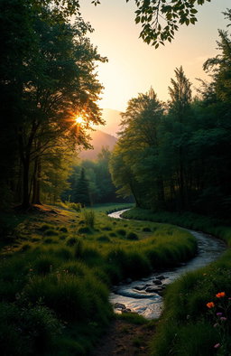 A serene and intimate landscape depicting a tranquil forest at dusk, where soft rays of sunlight filter through the lush green leaves, creating dappled patterns on the forest floor