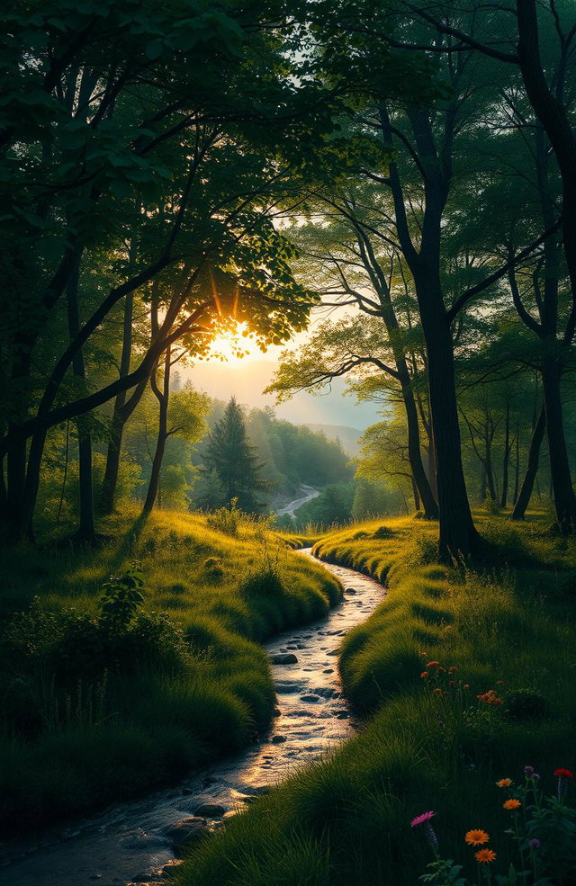 A serene and intimate landscape depicting a tranquil forest at dusk, where soft rays of sunlight filter through the lush green leaves, creating dappled patterns on the forest floor