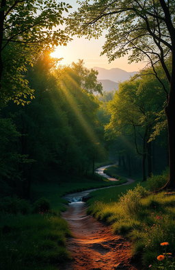 A serene and intimate landscape depicting a tranquil forest at dusk, where soft rays of sunlight filter through the lush green leaves, creating dappled patterns on the forest floor