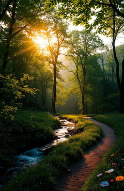 A serene and intimate landscape depicting a tranquil forest at dusk, where soft rays of sunlight filter through the lush green leaves, creating dappled patterns on the forest floor
