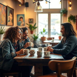 An enchanting scene of a reunion between friends in a cozy coffee shop
