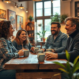 An enchanting scene of a reunion between friends in a cozy coffee shop