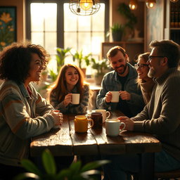 An enchanting scene of a reunion between friends in a cozy coffee shop