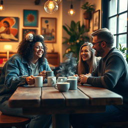 An enchanting scene of a reunion between friends in a cozy coffee shop