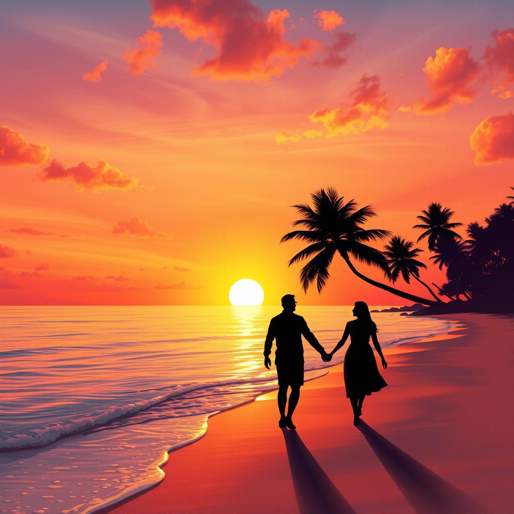 A beautifully detailed, vibrant 1×1 image of a sunset over a tranquil beach, the sun dipping below the horizon casting warm orange and pink hues across the sky, with gentle waves lapping at the shore, palm trees swaying lightly in the breeze, and a silhouette of a couple walking hand in hand along the water's edge