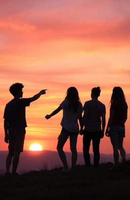 A picturesque scene of a teenager standing on a hilltop at sunset, holding hands with a female friend, while another friend stands beside them