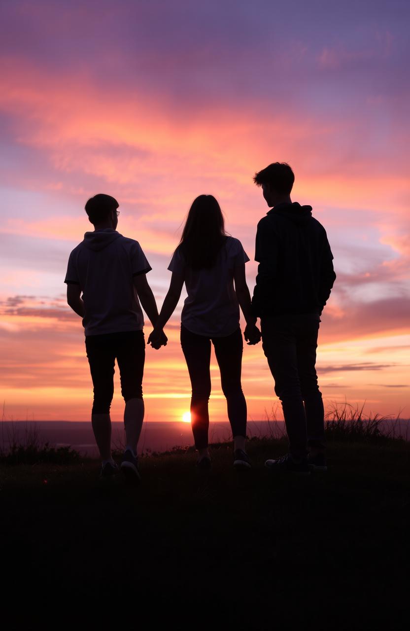 A picturesque scene of a teenager standing on a hilltop at sunset, holding hands with a female friend, while another friend stands beside them