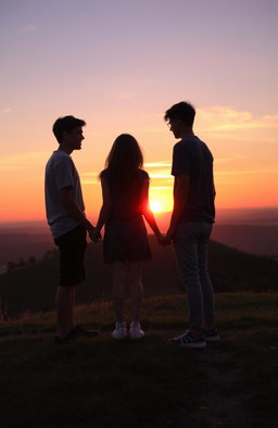 A picturesque scene of a teenager standing on a hilltop at sunset, holding hands with a female friend, while another friend stands beside them