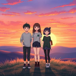 An anime-style illustration of a teenager standing on a hilltop at sunset, holding hands with a female friend, while another friend stands next to them