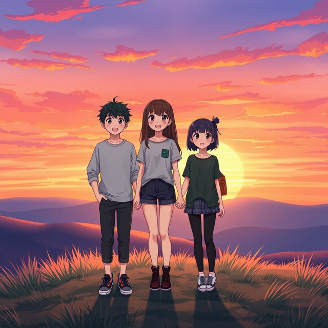 An anime-style illustration of a teenager standing on a hilltop at sunset, holding hands with a female friend, while another friend stands next to them