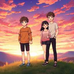 An anime-style illustration of a teenager standing on a hilltop at sunset, holding hands with a female friend, while another friend stands next to them