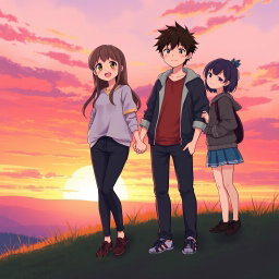 An anime-style illustration of a teenager standing on a hilltop at sunset, holding hands with a female friend, while another friend stands next to them