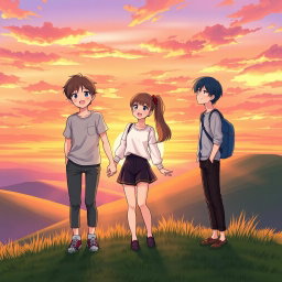 An anime-style illustration of a teenager standing on a hilltop at sunset, holding hands with a female friend, while another friend stands next to them