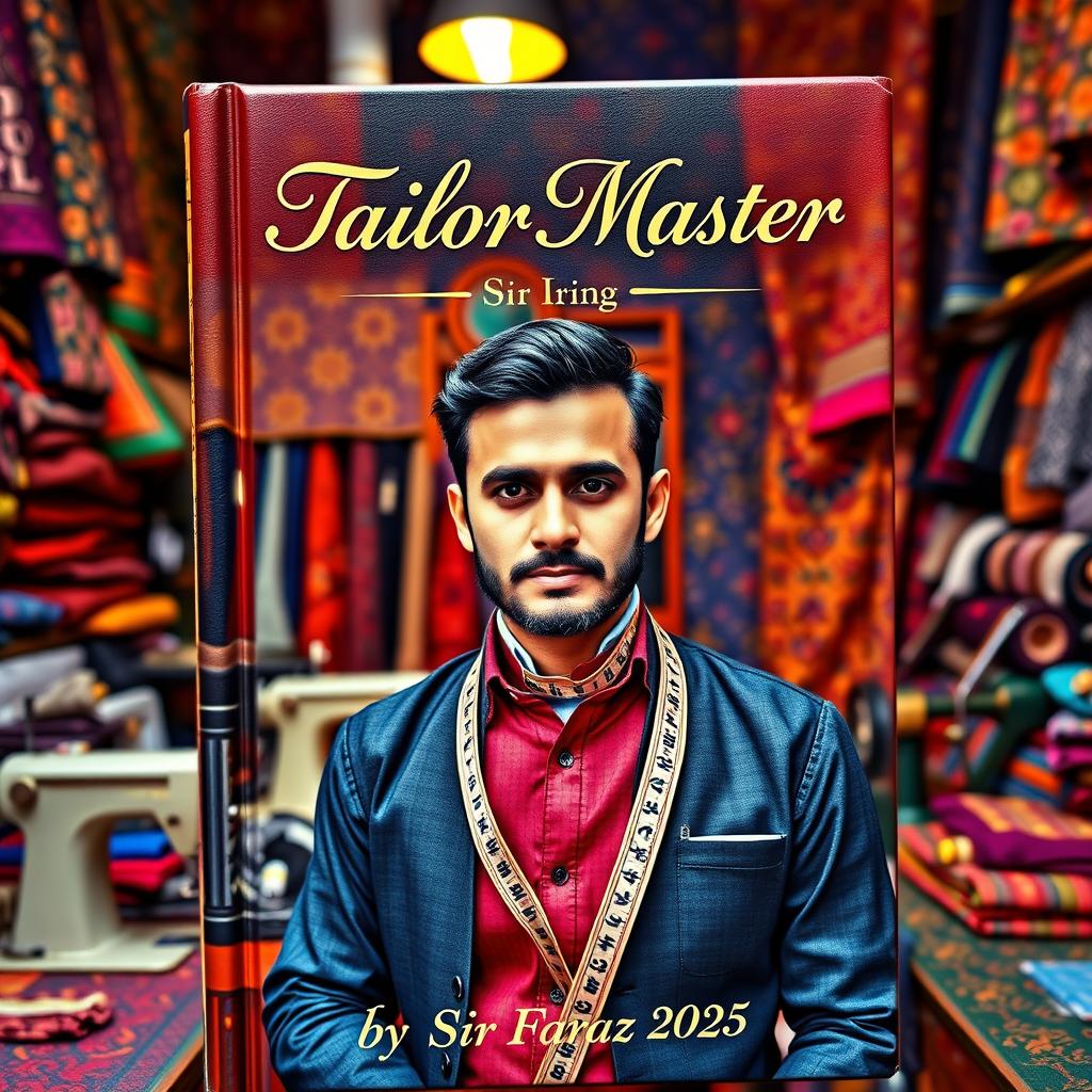 A captivating book cover for 'Tailor Master' by Sir Faraz, set in a vibrant tailor's workshop filled with colorful fabrics, sewing machines, and intricate patterns