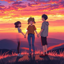 An anime-style illustration capturing a heartwarming scene of a teenager standing on a hilltop at sunset, holding hands with a female friend, while a male friend stands beside them