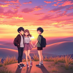 An anime-style illustration capturing a heartwarming scene of a teenager standing on a hilltop at sunset, holding hands with a female friend, while a male friend stands beside them
