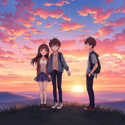 An anime-style illustration capturing a heartwarming scene of a teenager standing on a hilltop at sunset, holding hands with a female friend, while a male friend stands beside them