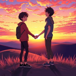 An anime-style illustration capturing a heartwarming scene of a teenager standing on a hilltop at sunset, holding hands with a female friend, while a male friend stands beside them